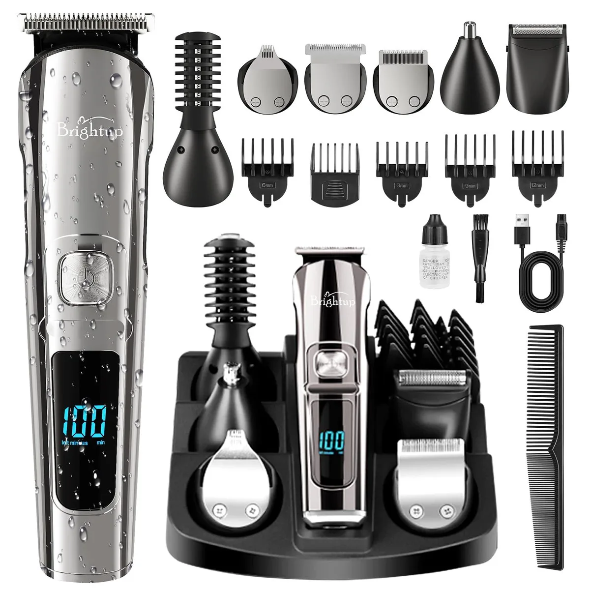 Black foil shaver with multiple attachments and storage base