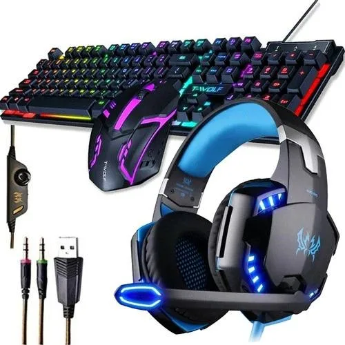 Black gaming keyboard, mouse and headset bundle with RGB lighting on desk