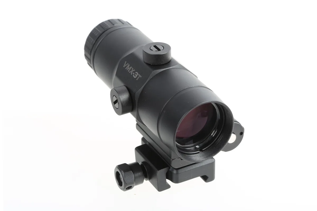 Black tubular magnifier with flip-to-side mount on matte aluminium body