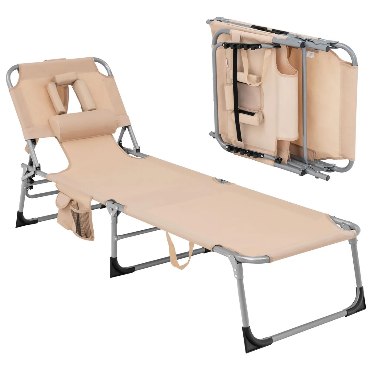 Beige folding lounge chair with pillow, adjustable backrest and footrest, metal frame, oxford fabric