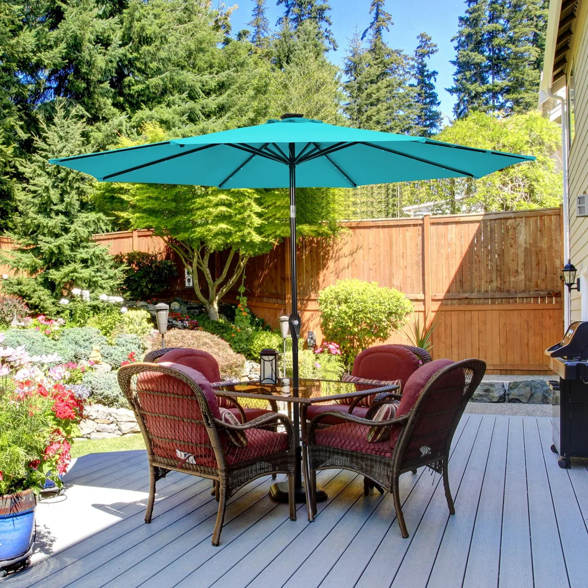 Turquoise 10-foot patio umbrella with 24 solar LED lights and crank lift