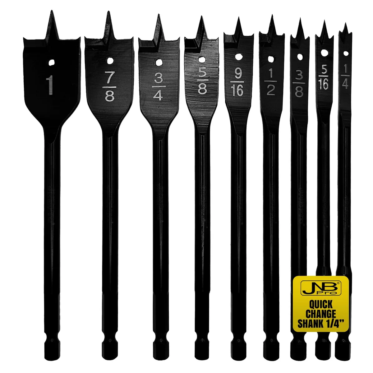 Nine steel spade bits with hex shanks in a case