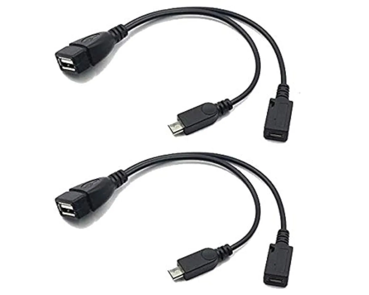 Two white micro USB OTG cables with extra power connector