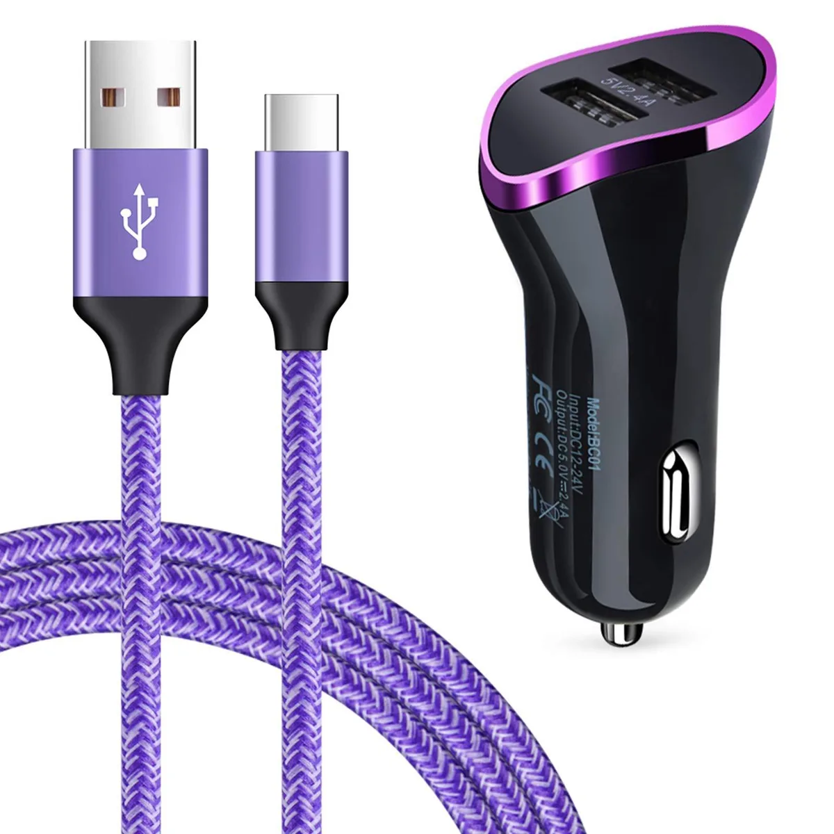 Compact dual USB car charger with blue LED and purple braided USB-C cable