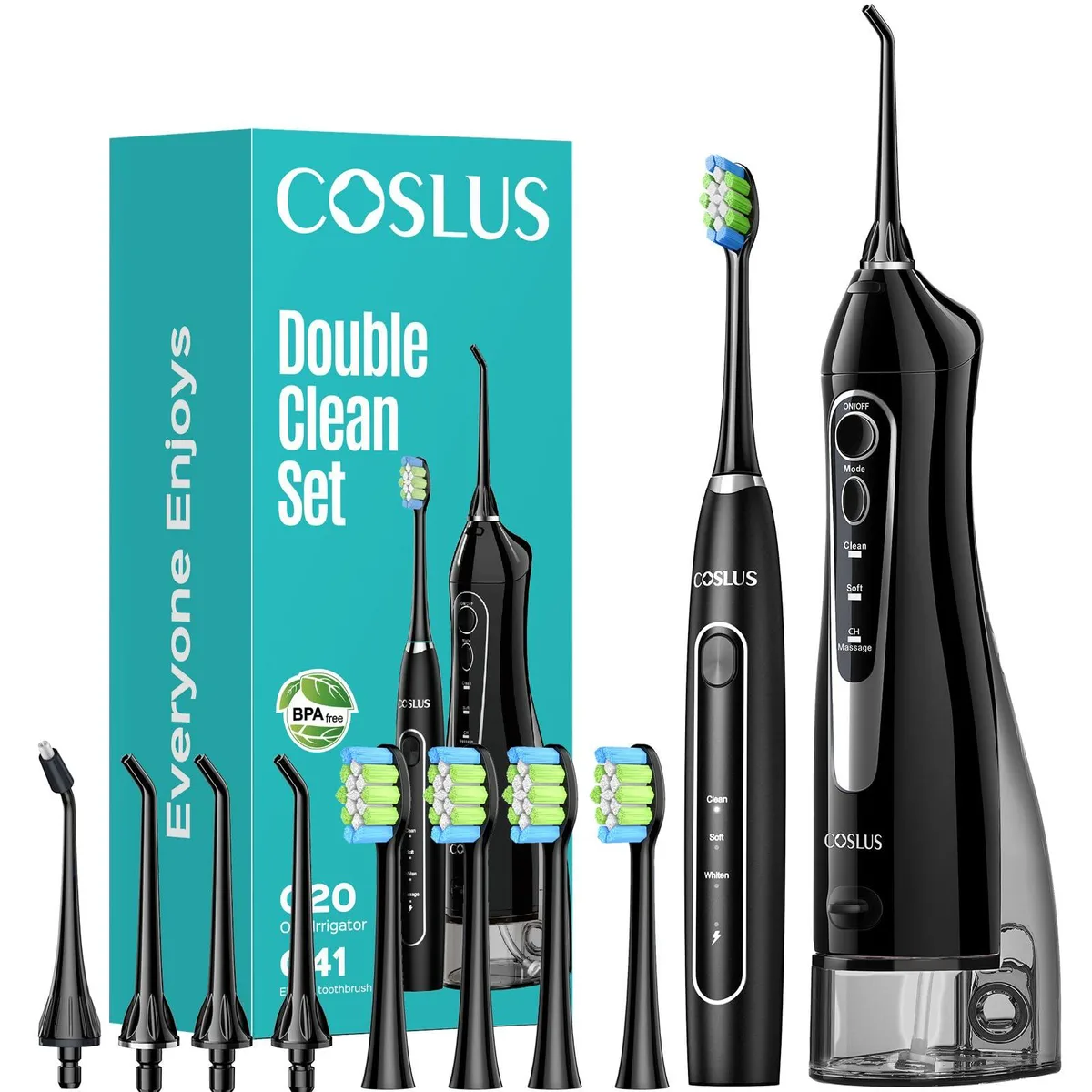 Black COSLUS W40 oral care combo with 300ml water tank, electric toothbrush and flosser unit, compact travel design