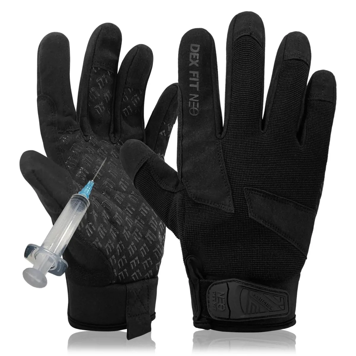 Black medium safety gloves with textured palms and neoprene cuffs