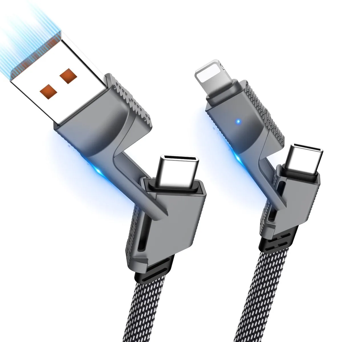 Two black flat braided 4-in-1 charging cables with USB-C, USB-A and Lightning connectors