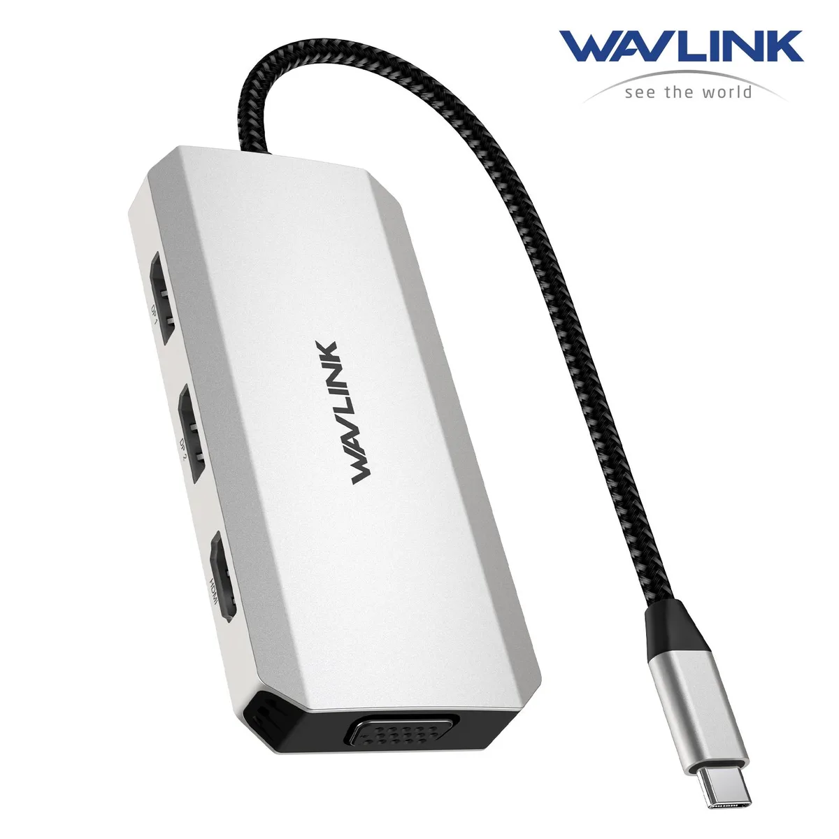 Silver compact docking station with four video ports and three USB-A ports