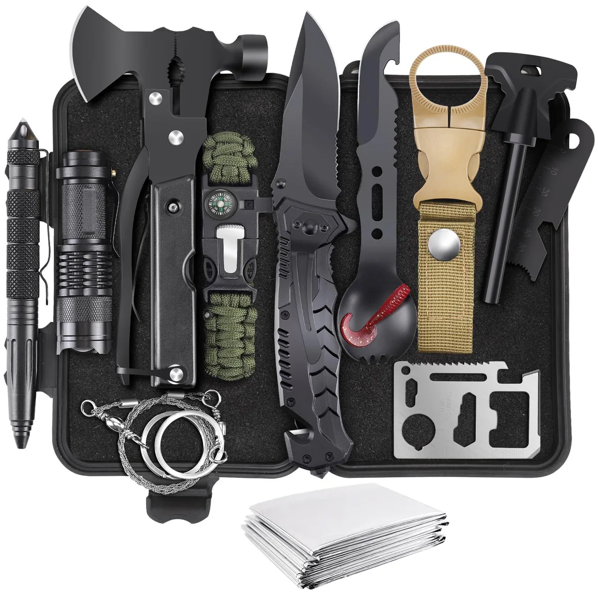 Compact black waterproof case holding 14 survival tools including flashlight, hatchet and fire starter