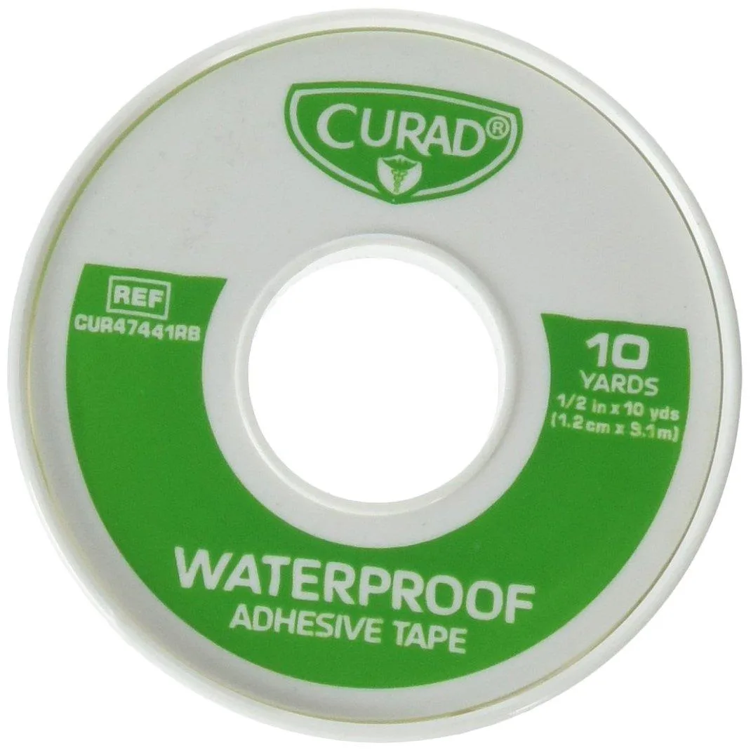 White roll of waterproof adhesive tape on a spool, half-inch width, ten-yard length