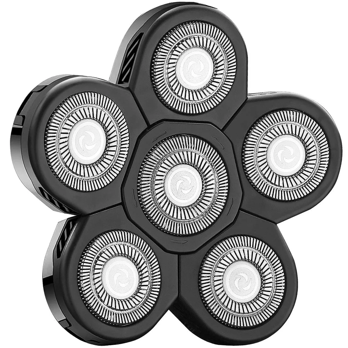 Six black replacement shaver heads with protective cover and cleaning brush