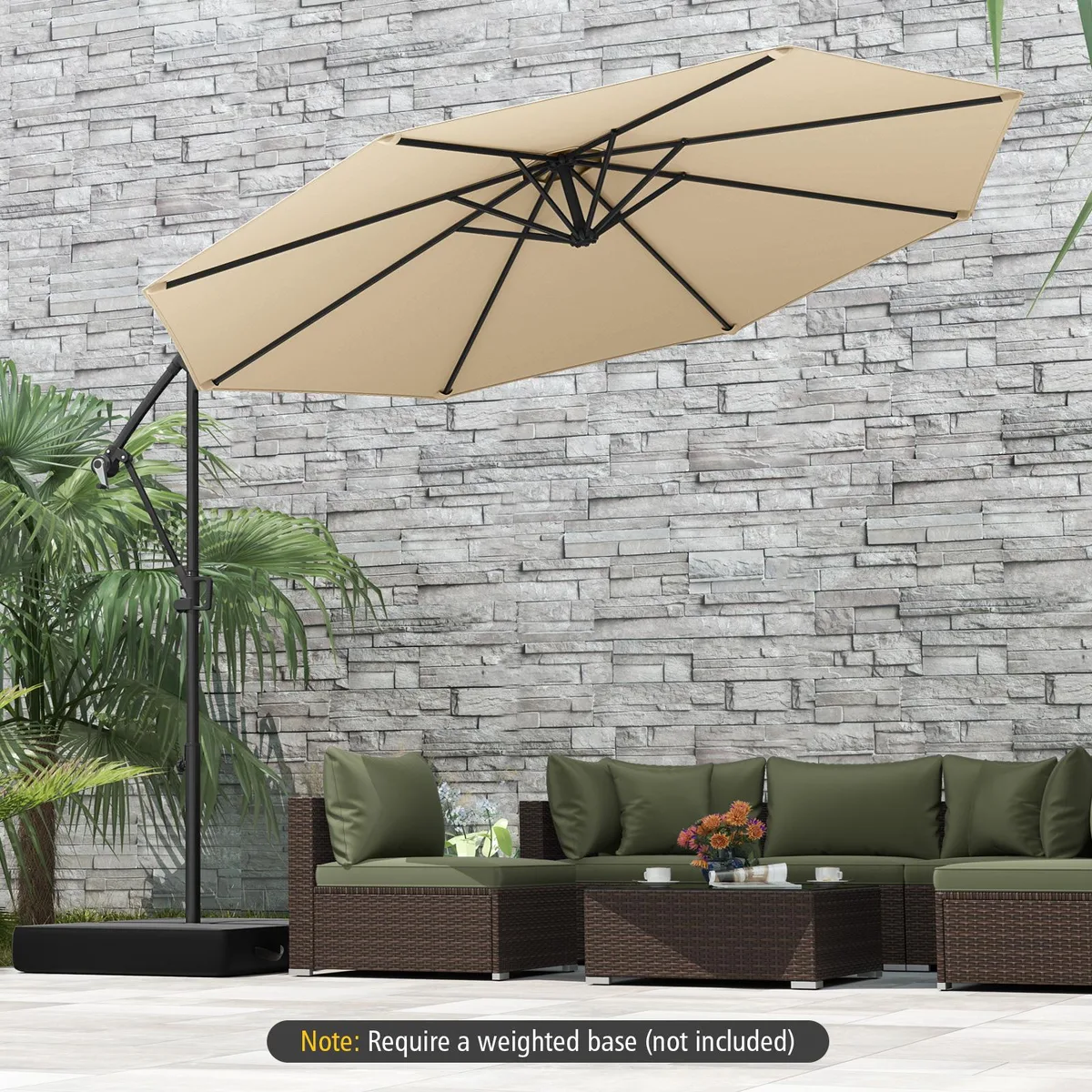 Beige offset hanging umbrella with metal frame and crank handle, 10 ft canopy, base included