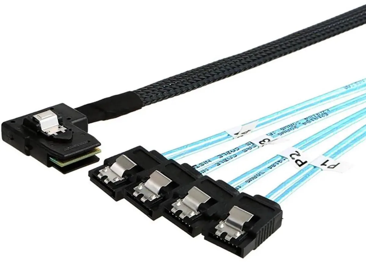 SMUGDESK SMUGDESK 0.5M Mini SAS SFF8087 LeftAngle to 4×Straight SATA Female 30AWG 10Ohm — product photo