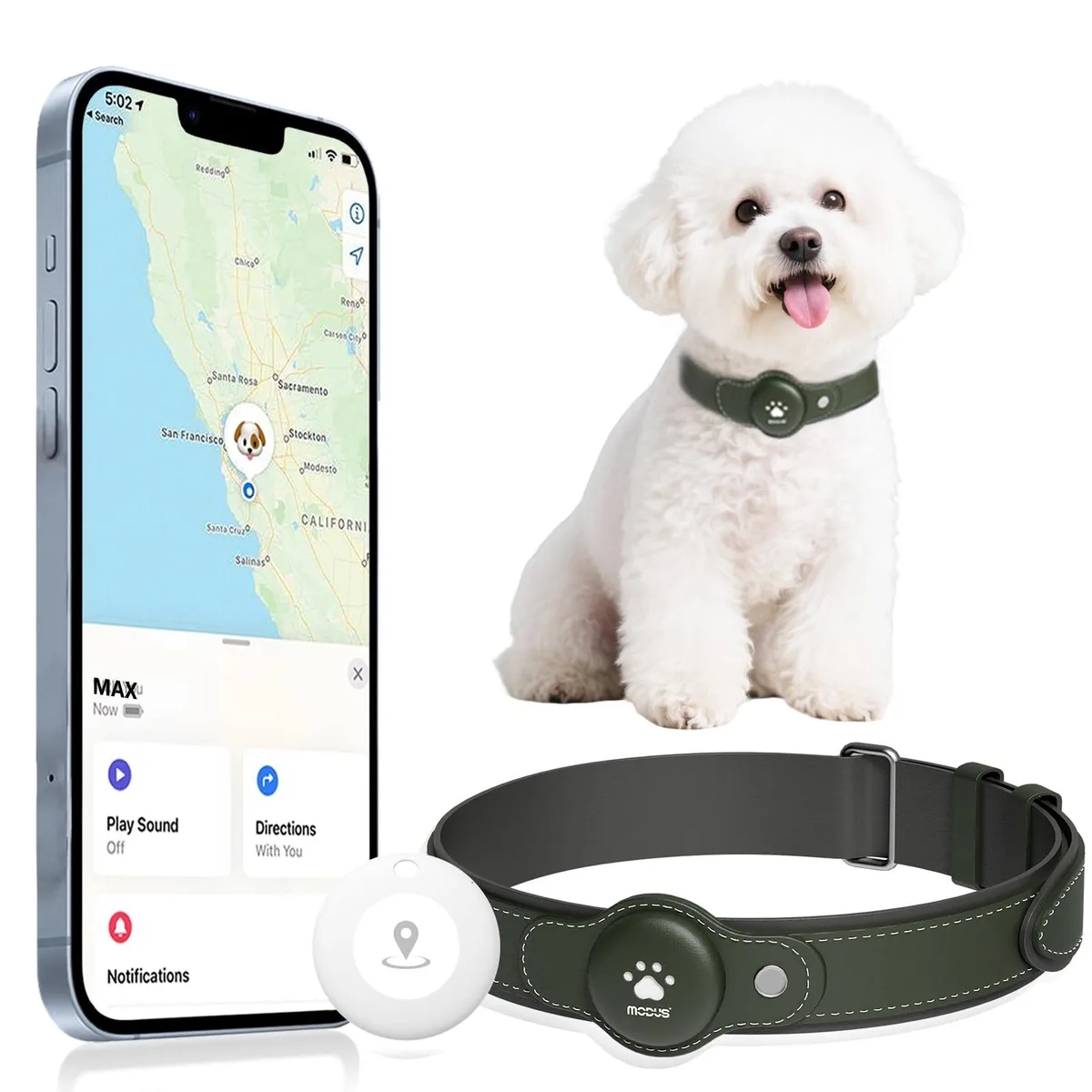 Adjustable nylon dog collar with integrated GPS tracker module, multi-colour webbing, IP67 waterproof rating