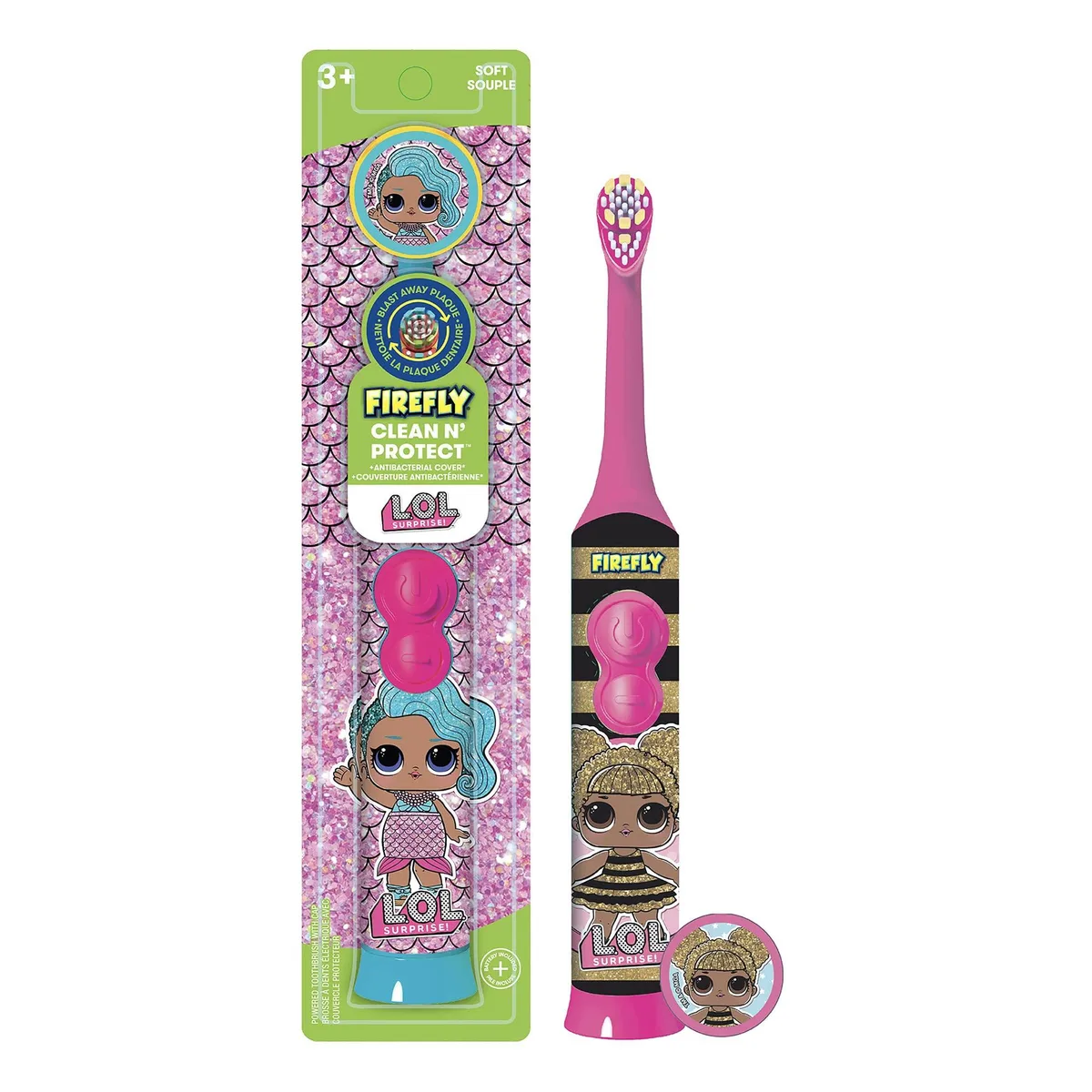 White battery-powered rotary toothbrush with L.O.L. Surprise character cover