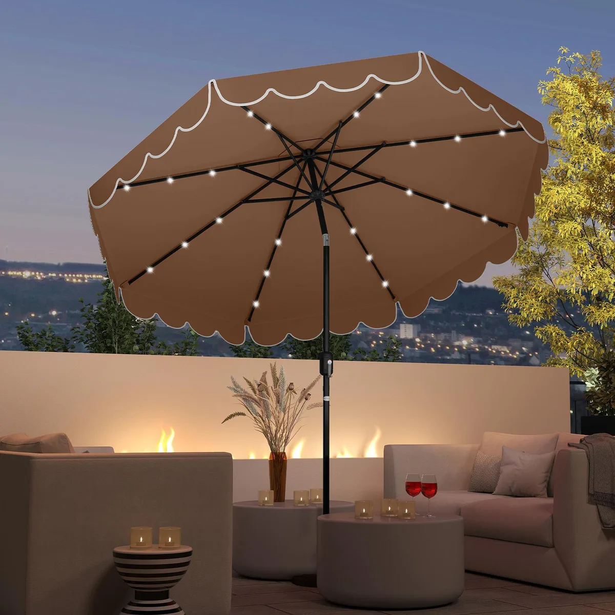 Coffee-coloured 9.3 ft solar patio umbrella with 24 LED lights on ribs, vented top and ruffled edges, metal pole and crank handle