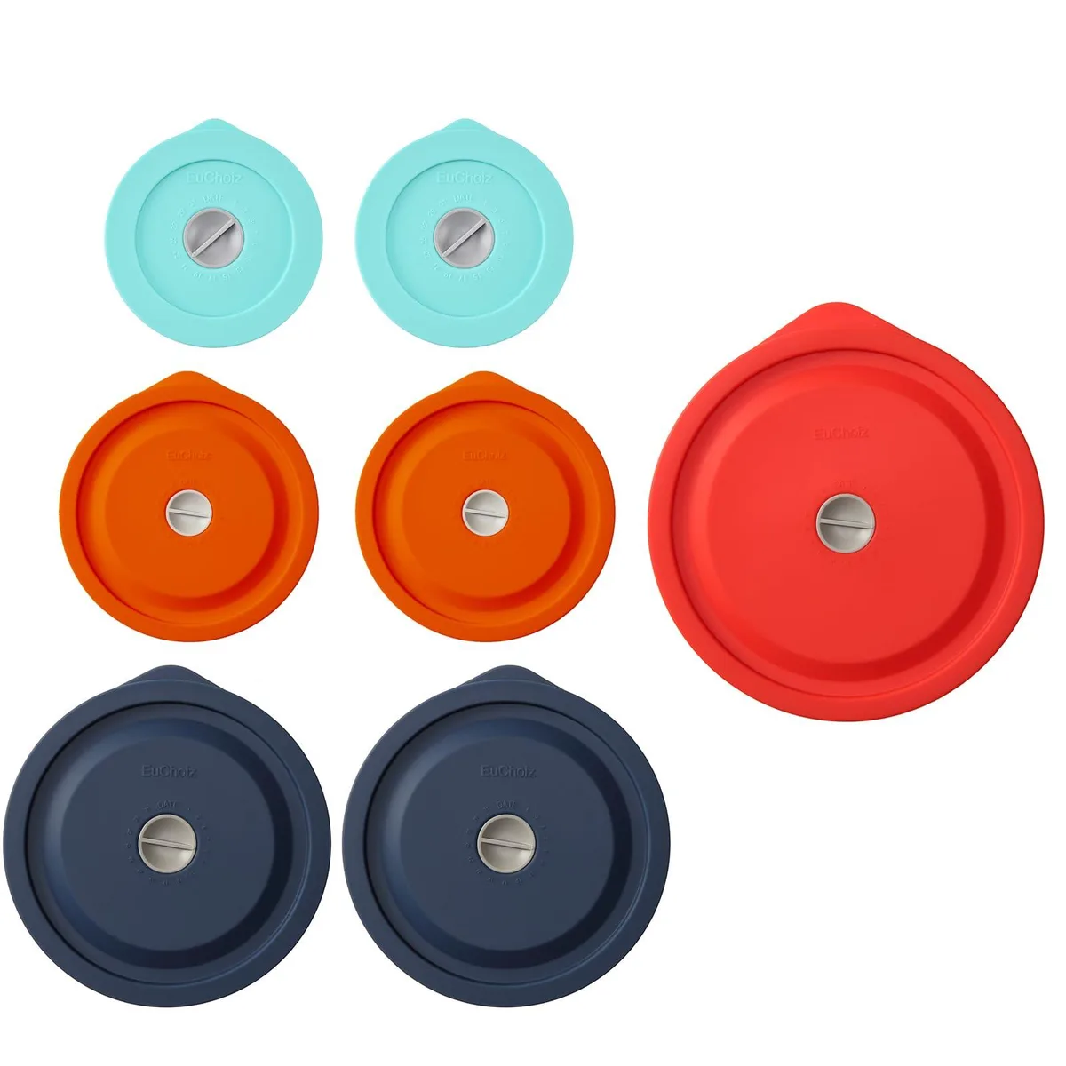 Seven round silicone lids in assorted colours with side handles and date knobs