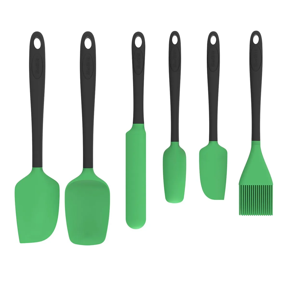 Six green silicone spatulas with detachable handles and hanging holes