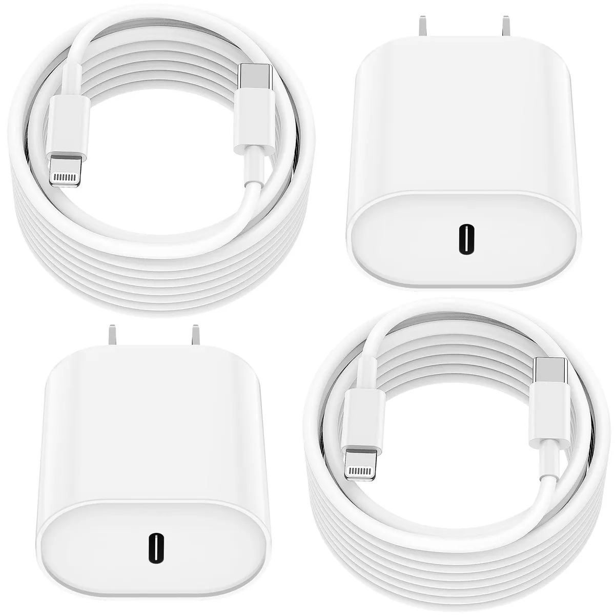 Two white USB-C power adapters and two 10-foot white Lightning cables