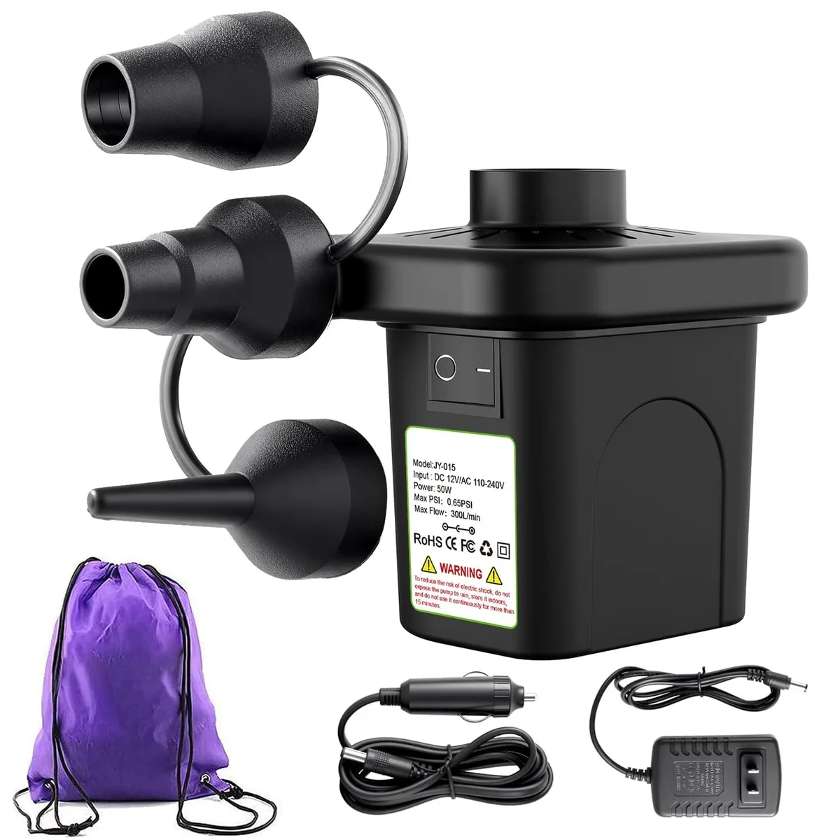 Twelve white plastic electric air pumps with nozzles and storage bags