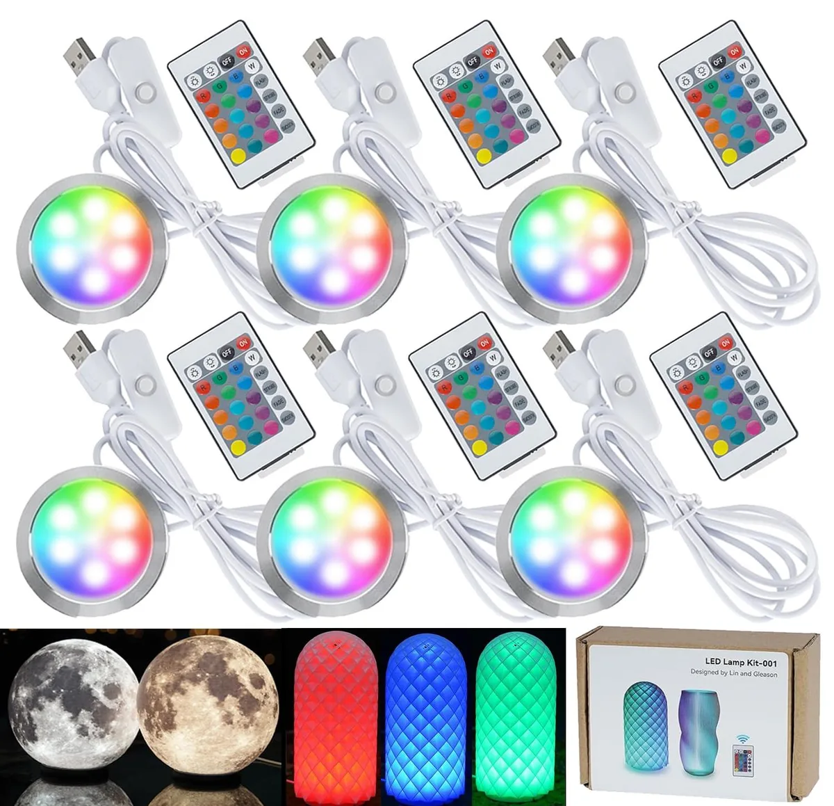 Six small round puck lights with a remote control