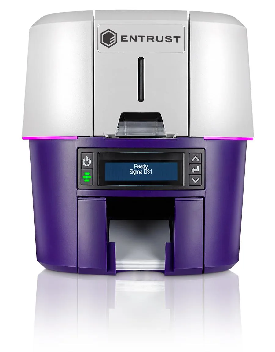 White rectangular card printer with top-loading card hopper and front output slot