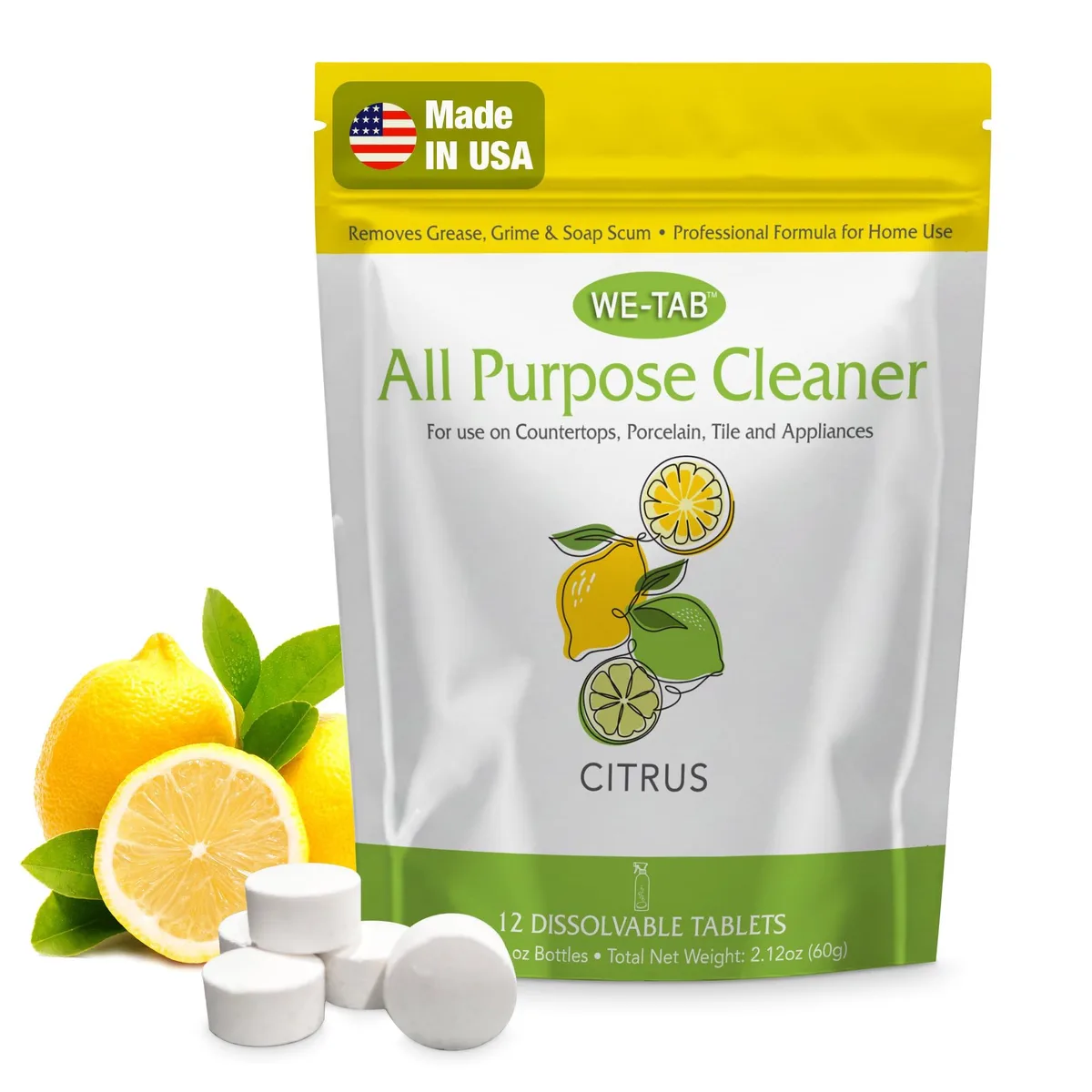 A pouch of 12 cleaning concentrate tablets for multi-surface spray refills