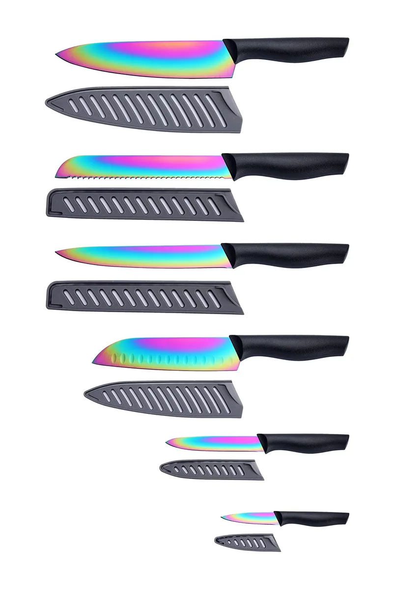 Twelve rainbow-coated knives with black handles and matching sheaths in a boxed set