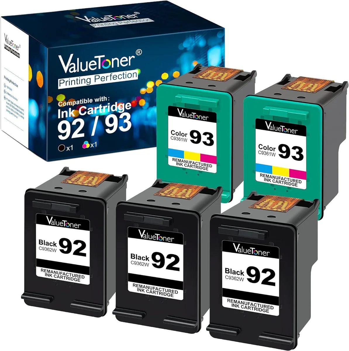Five ink cartridges in a pack three black two tri-color new condition