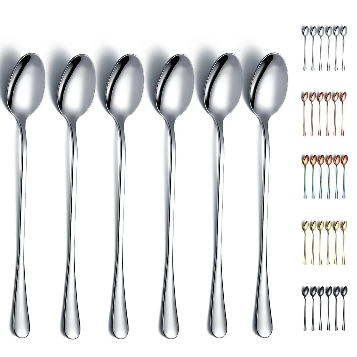 Sixteen stainless-steel iced-tea spoons, 7.5-inch mirror-finish handles, packed in a rectangular box
