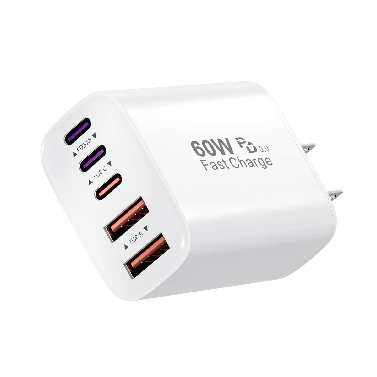 White rectangular wall charger with three USB-C and two USB-A ports