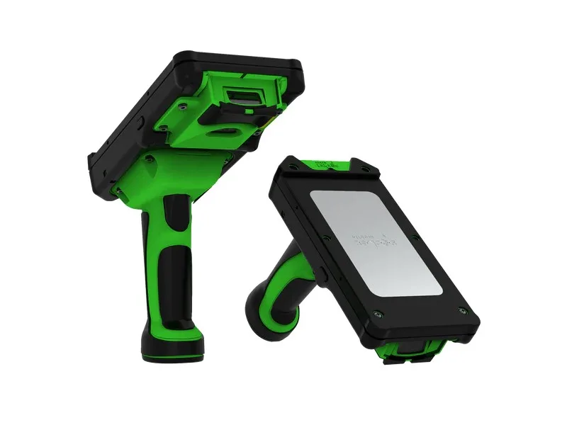 White handheld laser barcode scanner with pistol grip and magnetic base