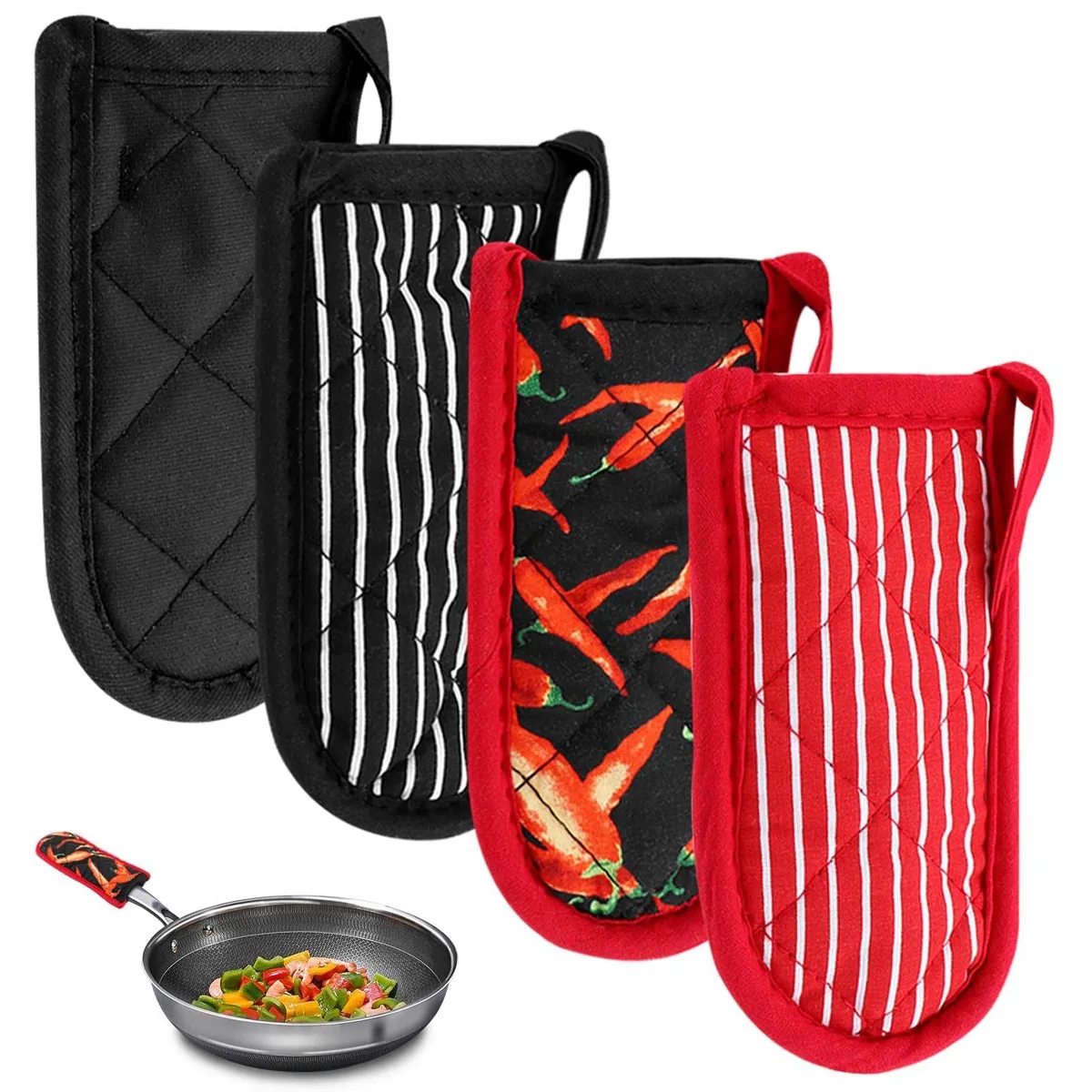 Four fabric pan handle sleeves with hanging loops, cotton blend with terry lining, 15.24 by 7.62 cm