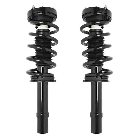 Pair of silver front strut assemblies with coiled springs and top mounts, ready to install