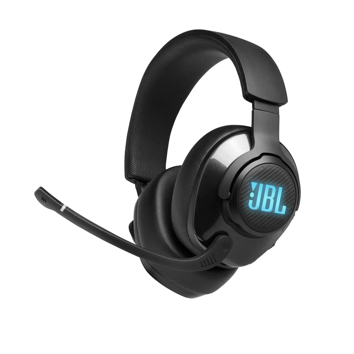 Black over-ear gaming headset with flip-up boom microphone and memory foam ear cushions
