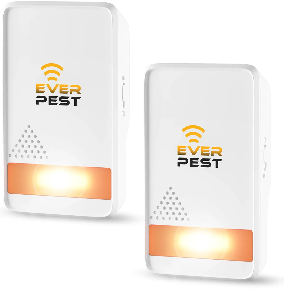 Two small white plug-in pest repellers side by side