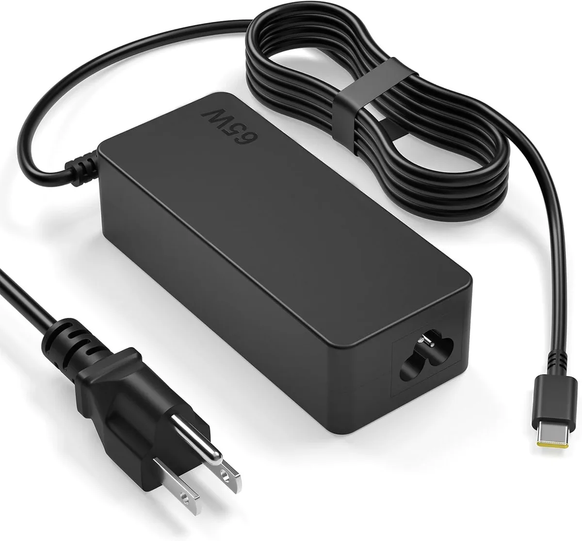 Black rectangular 65W USB-C power adapter with detachable cord