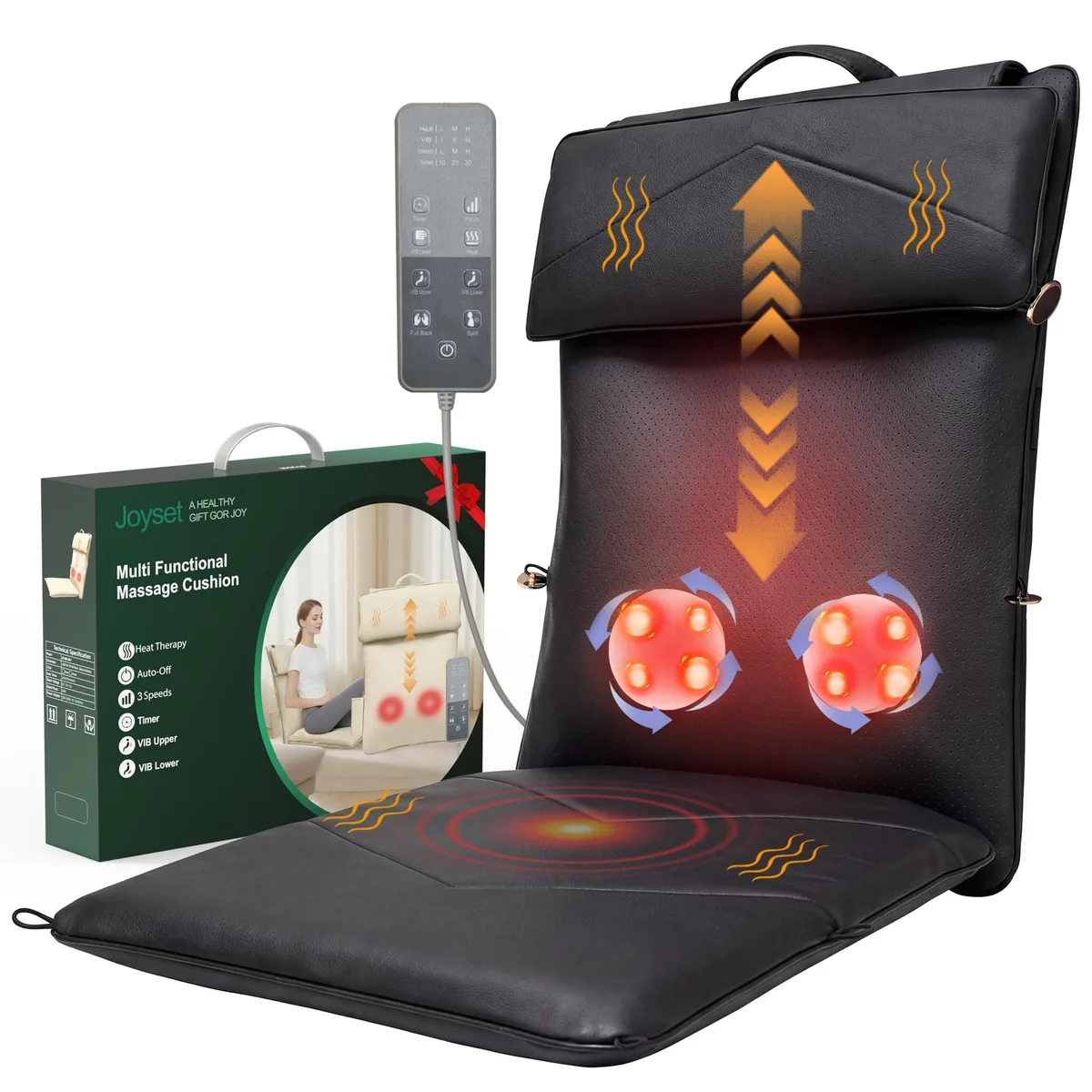Black leather wrap-around back massager with control panel and power cord