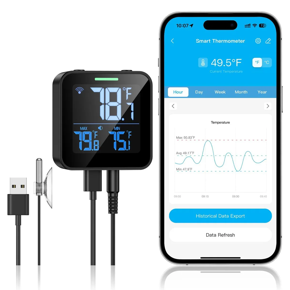 Black rectangular digital thermometer with LCD screen and probe on magnetic base