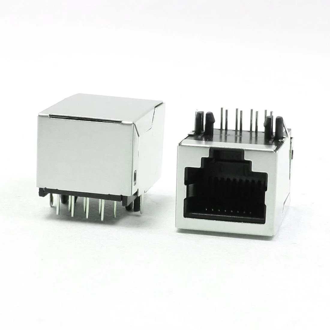 Black plastic RJ45 jack with silver right-angle pins, pack of five
