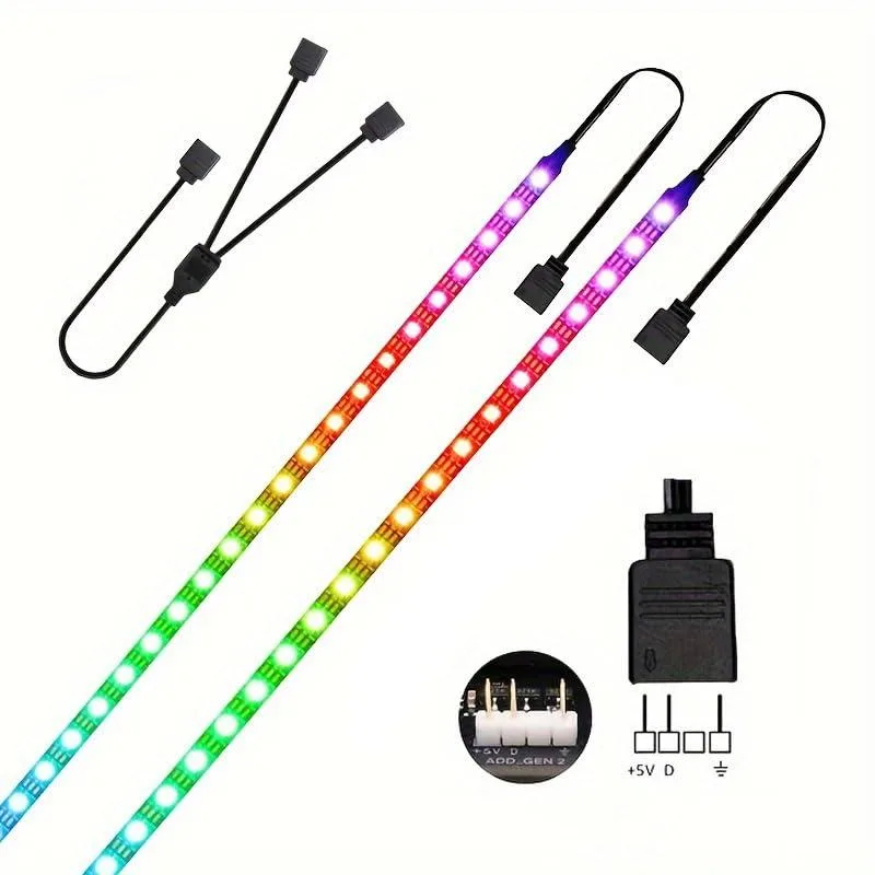 Two flexible RGB LED strips, each 19.7 inches long, with adhesive backing and 3-pin connectors