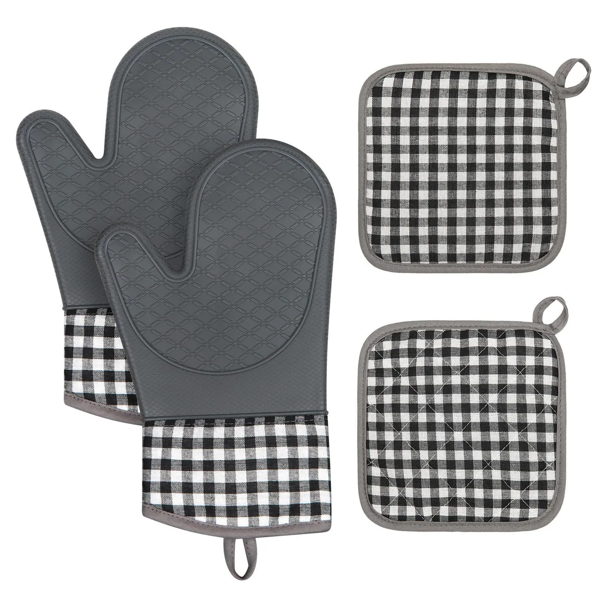 tifanso 4-Piece Grey Silicone Plaid Oven Mitts &amp; Pot Holders Set — product photo