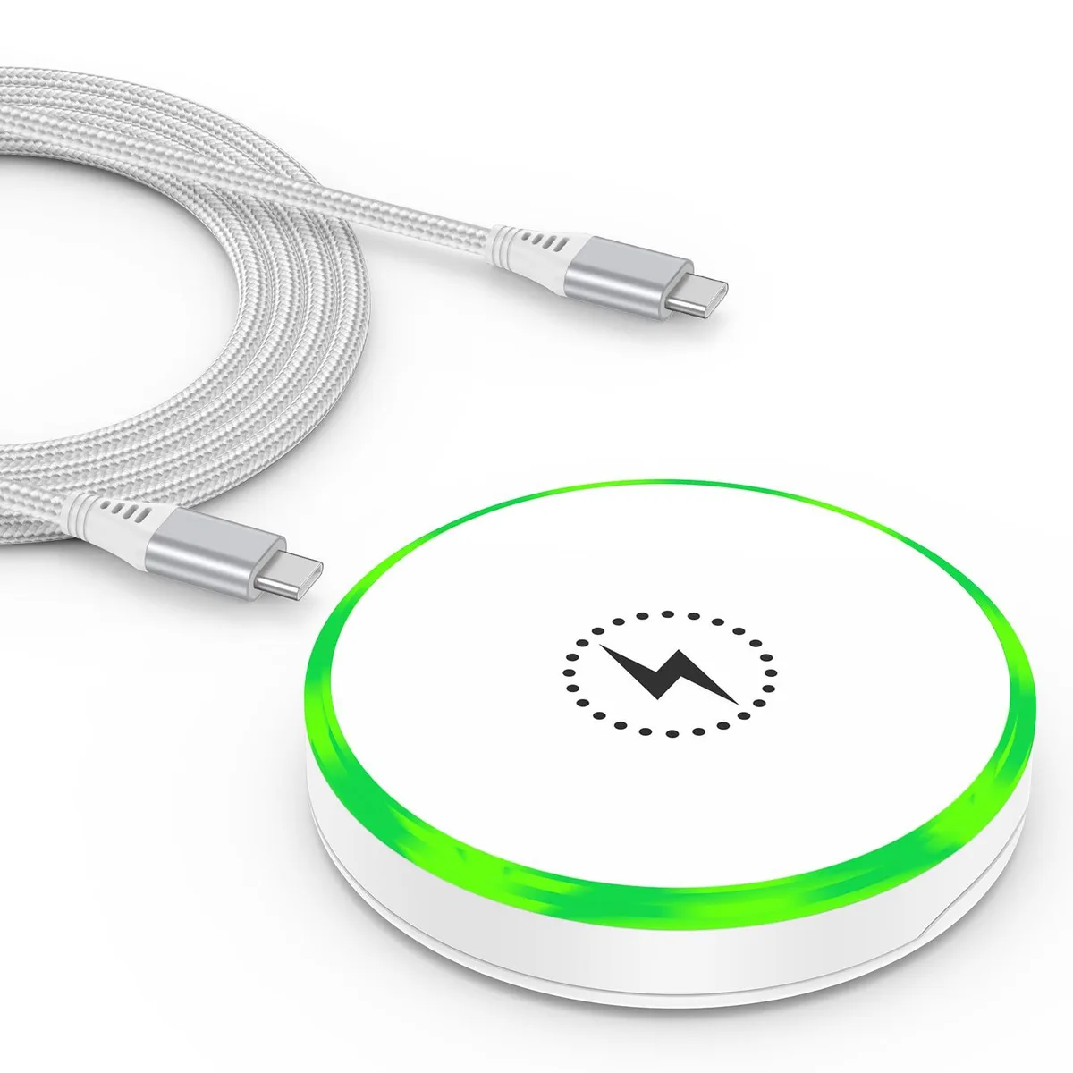 White circular magnetic charging pad on adjustable 360-degree stand with USB-C cable