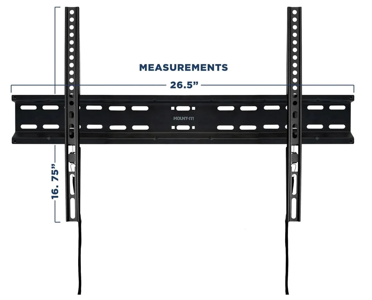Black low-profile steel TV wall bracket 26.6 inches wide with 1.1 inch wall clearance