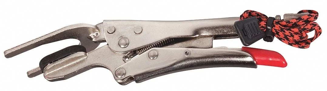 Gray steel sprinkler shut-off pliers, 12 in overall length, V-shaped jaws, plain natural handle with lever release