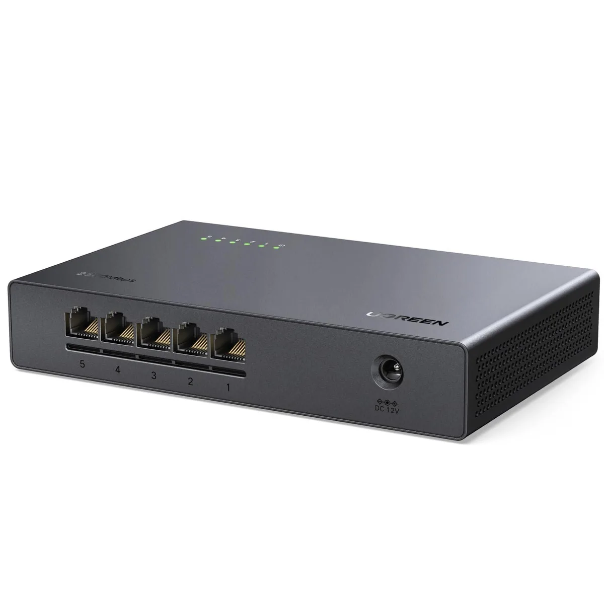 Small black plastic desktop switch with five RJ45 ports and LED indicators