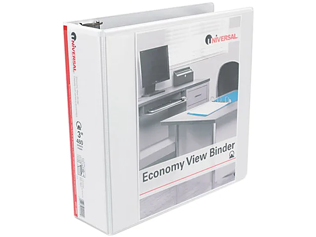 White 3-inch round-ring view binder with clear overlay pockets and two inside pockets