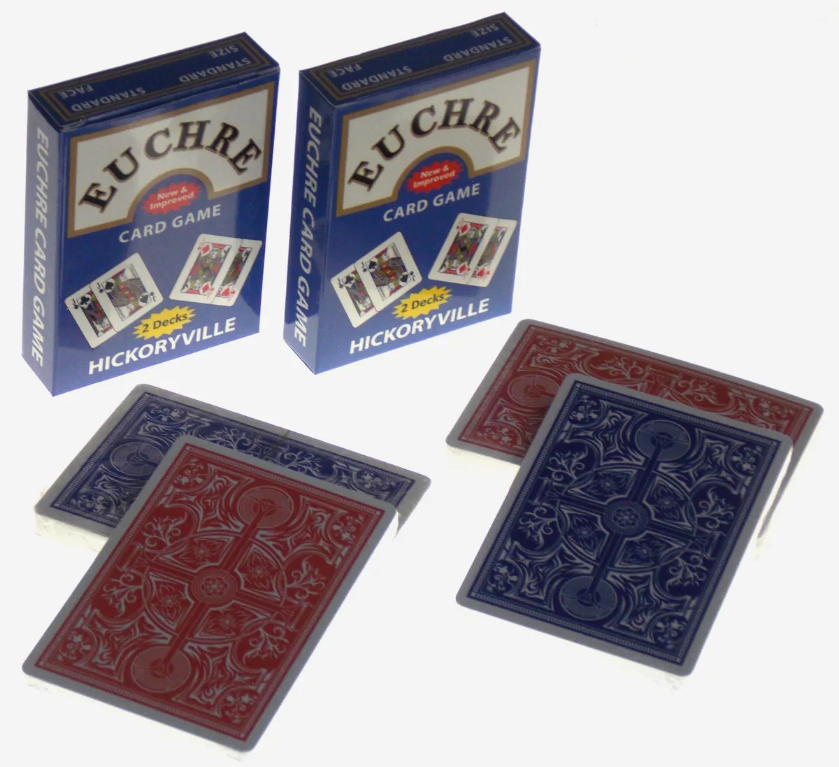 Two boxes each holding two red and two blue euchre decks with blank counter cards