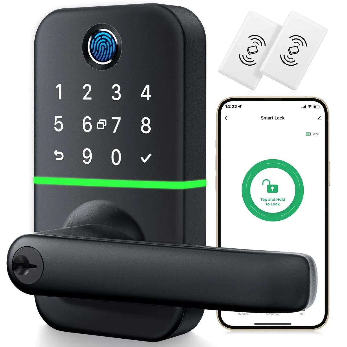 Black smart door lock with handle and keypad, 8.8 by 7.7 by 3.7 inches