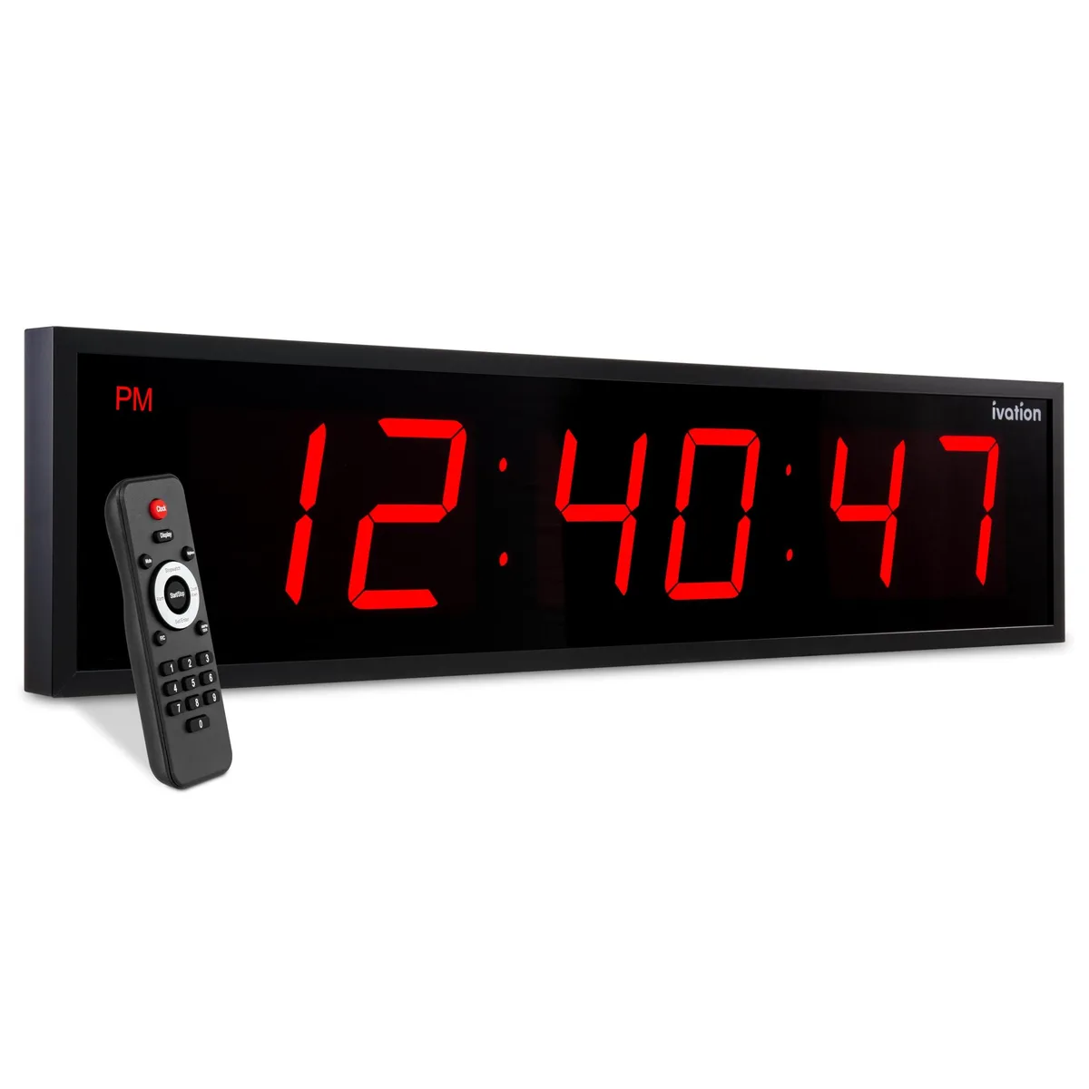 Large red digital LED clock 48 inches wide with 7 inch digits and remote control